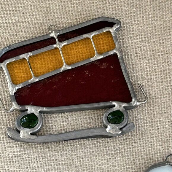 3 Handmade Leaded Glass Sun Catchers Lightbulb Sunny Side Up Egg Trolly Train - Picture 6 of 7